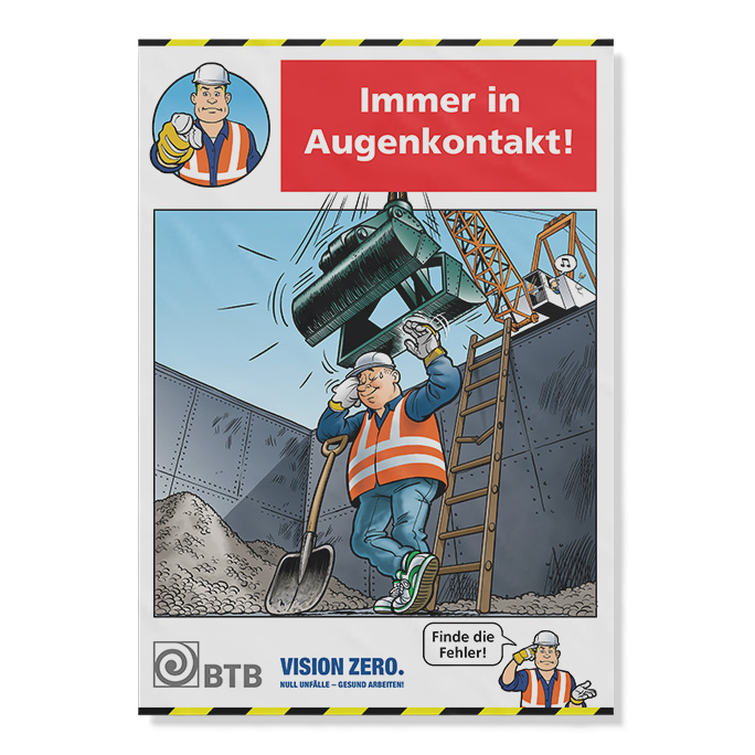 Comic-Szene mit Bauarbeiter ohne Blickkontakt zum Baggerführer, Text: „Immer in Augenkontakt!“
