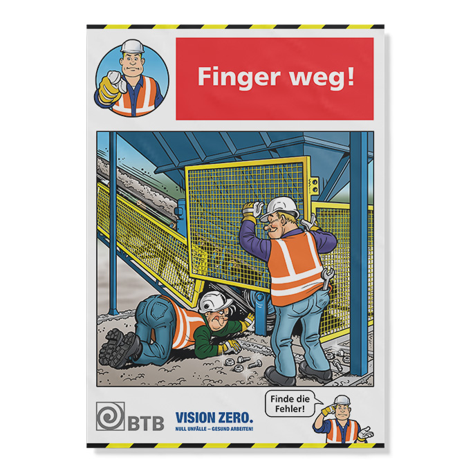Comic mit zwei Arbeitern an geöffneter Maschine, Text: „Finger weg!“ – Gefahr durch Arbeiten an laufender Anlage.