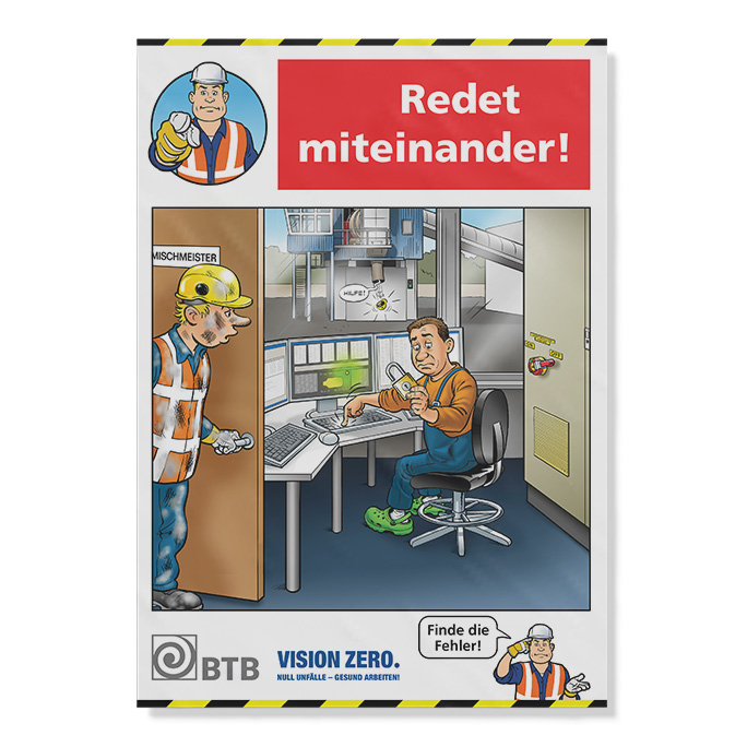 Mischmeister spricht den Bediener im Kontrollraum an, dieser trägt Kopfhörer und bemerkt einen Alarm nicht