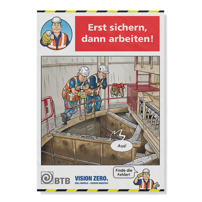 Zwei Arbeiter arbeiten ungesichert an einer offenen Mischanlage. Ein Unfall ist bereits passiert. ‚Finde die Fehler!‘-Motiv.