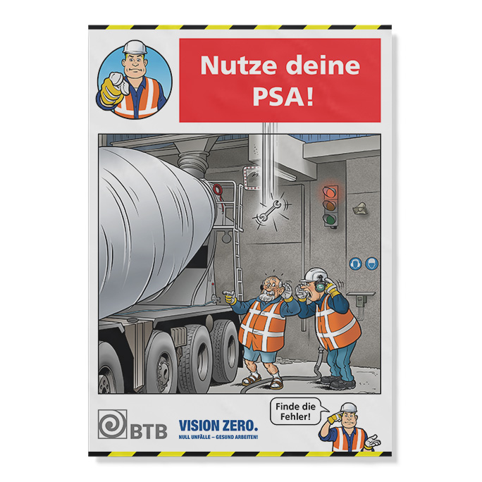 Zwei Bauarbeiter ohne vollständige persönliche Schutzausrüstung (PSA) neben einem Betonmischer-LKW auf einer Baustelle. Ein Schraubenschlüssel fällt gefährlich von oben. Beide Arbeiter tragen zwar Warnwesten und Helme, aber einer trägt Sandalen statt Sicherheitsschuhe und sie achten nicht auf die Gefahren über ihnen. 