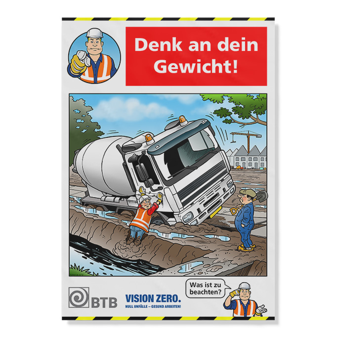 Fahrer versucht schräg stehenden Fahrmischer mit den Händen zu stützen, der aufgrund schöechten Untergrunds und Hanglage umzukippen droht.