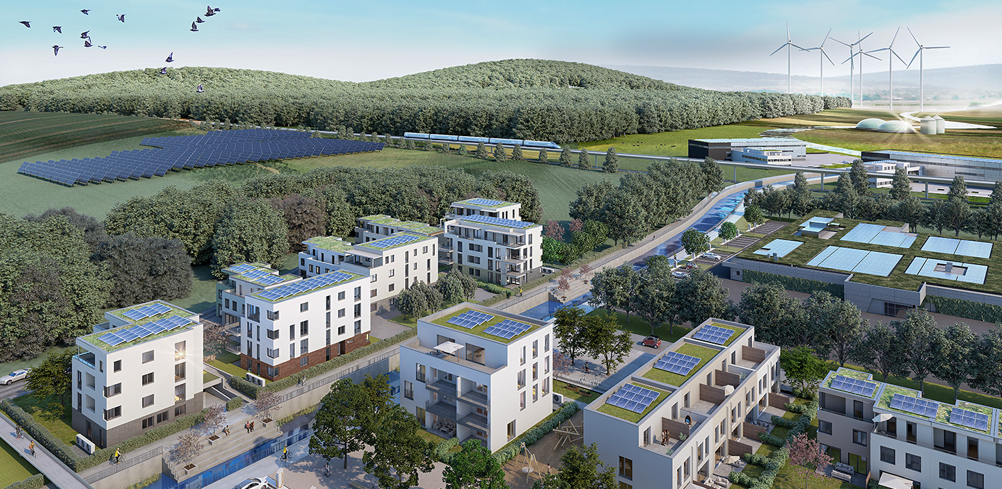 Moderne, nachhaltige Wohnsiedlung mit mehreren Gebäuden mit Solaranlagen auf den Dächern, umgeben von viel Grün. Im Hintergrund Windräder, ein Solarpark, ein Zug sowie eine innovative Industrieanlage