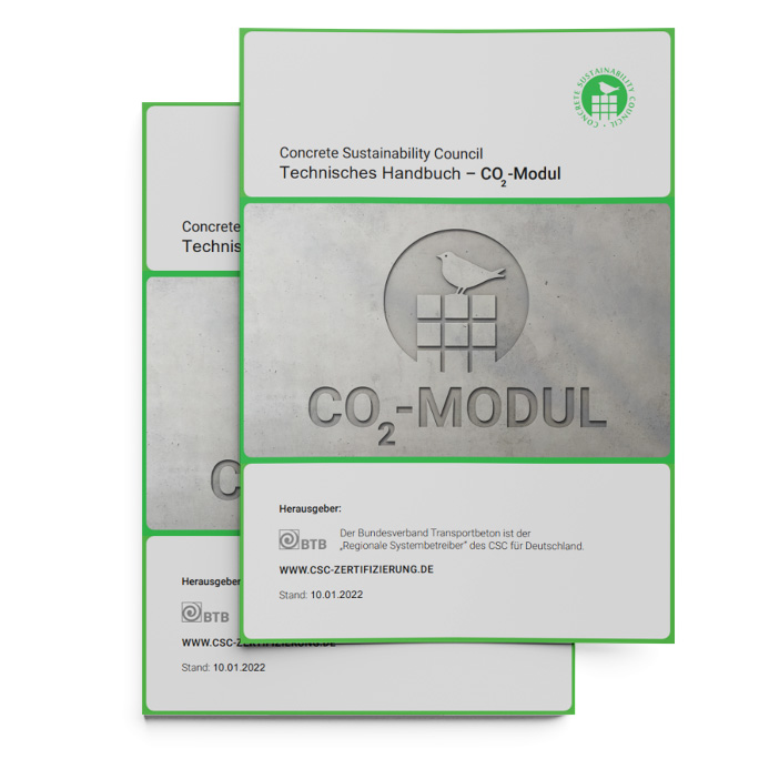 Titelbild des CSC-Handbuchs mit CSC-Logo und dem Wort Co2-Modul, beides auf Sichtbeton geprägt