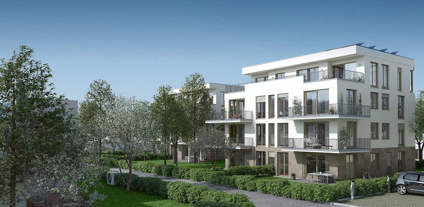 Nachhaltig geplante, moderne Mehrfamilienhäuser mit großen Glasflächen und begrünten Außenanlagen; energieeffiziente Bauweise mit Solarpaneelen auf dem Dach, umgeben von Bäumen und naturnah gestalteten Wegen