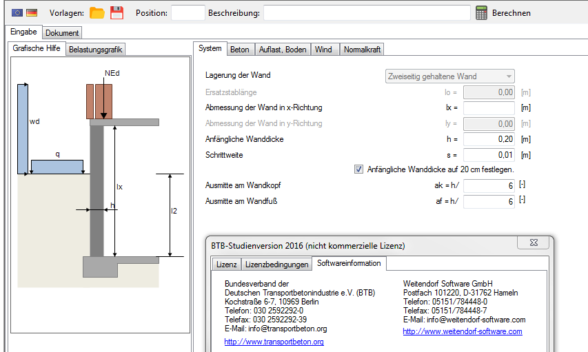 Scrrenshots des Programms mit technischer Zeichnung und Rechentool