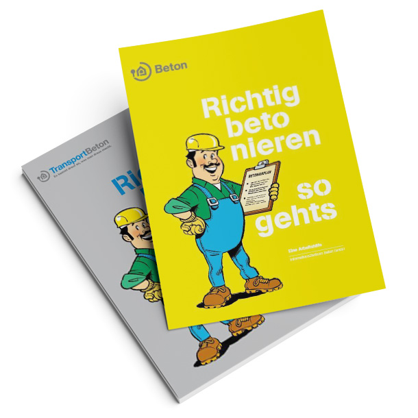 Titelbild der Broschüre, ein gezeichneter Bauarbeiter mit einem Betonierplan in der Hand